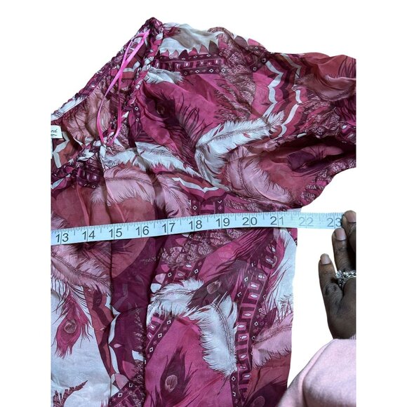 Lucky Brand Womens Peasant Boho Sheer Top Sz S Feather Print Braided Neck - Picture 9 of 12